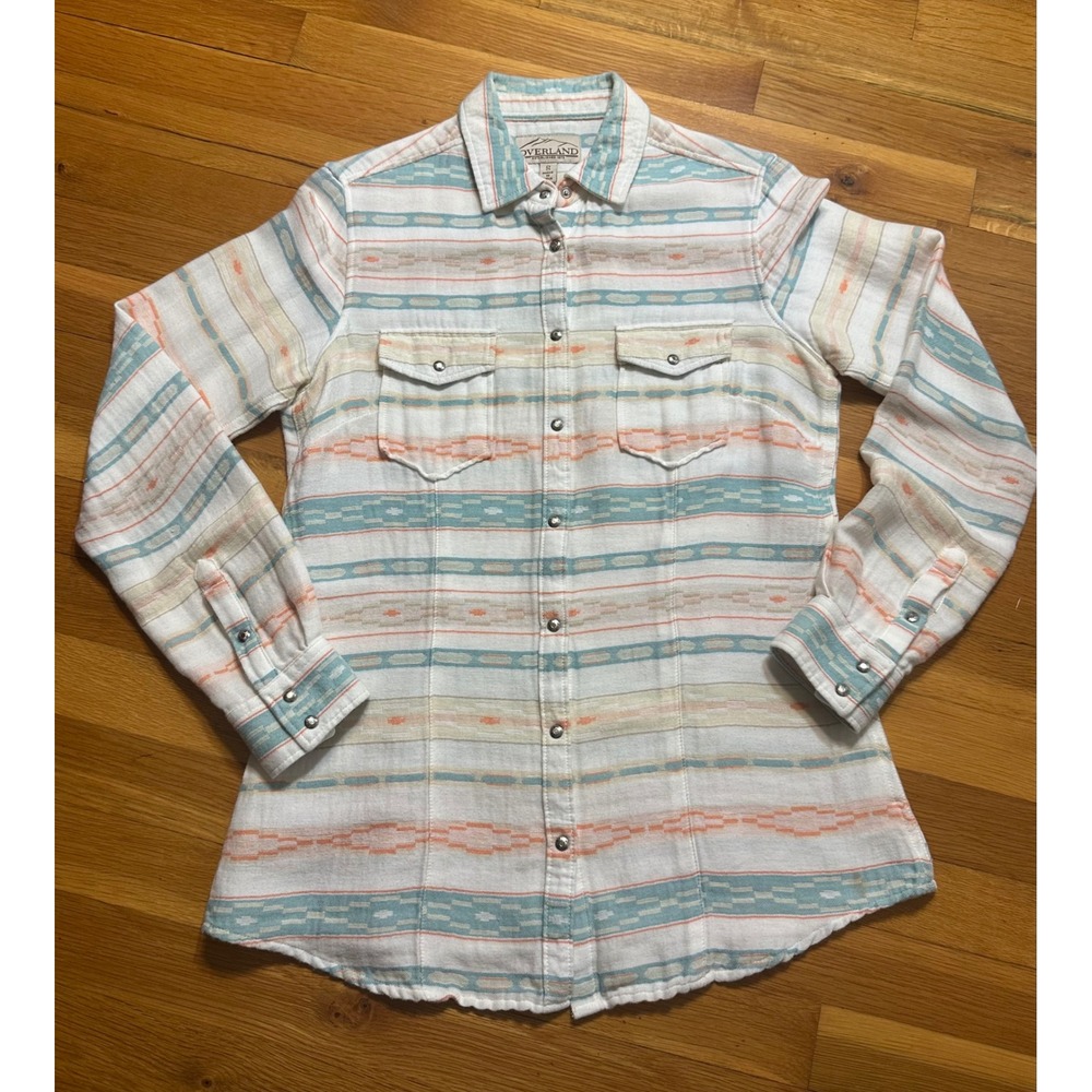 Overland Womens Southwestern Snap Front Western Shirt Cotton Geo Stripe Sand S